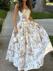 Elegant Floral Long Sundress Women's High Waist Hollow Out Dress White Sun Dresses Summer Evening Graduation Party