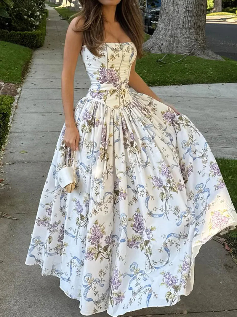 Elegant Floral Long Sundress Women's High Waist Hollow Out Dress White Sun Dresses Summer Evening Graduation Party
