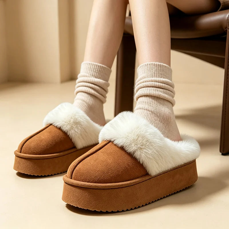 2026 Trend Flufy Fur Mules Slippers for Women Comfortable Thick Bottom Wam Plush Indoor Slippers Women Furry Winter House Shoes