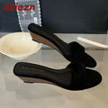 Flock Fashion Round Toe Women Wedges Slippers Sandals Shoes Luxury Female Slides Footwear Sexy Ladies Heeled Slippers Shoes