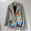 Spring Autumn New Women Grey Blazer Casual Graffiti Letter Print Suit Jacket Female Long Sleeve Loose Plaid Blazers Ladies Coat
