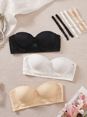 3PCS Women Strapless Lace Bra Detachable Shoulder Straps Underwire Push Up Sexy Non-Slip Bandeau Lingerie