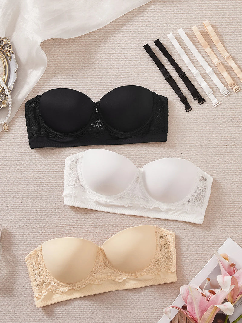3PCS Women Strapless Lace Bra Detachable Shoulder Straps Underwire Push Up Sexy Non-Slip Bandeau Lingerie