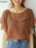 ZANZEA Summer Women Chiffon Blouse Elegant Ruffle Short Sleeve Tops Shirt 2025 Korean Fashion Casual Tunic Chic Ruffle Hem Blusa