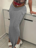 Casual Grey High Waist Knitted Cargo Maxi Skirt Women Sexy Y2K Bodycon Pencil Skirt Spring Autumn Long Skirt with Pockets