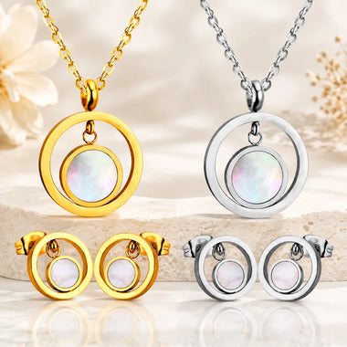1Set Round Shell Earring & Necklace Jewelry Set Stainless Steel Elegant Clavicle Chain Fashion Minimalist Versatile Jewelry for