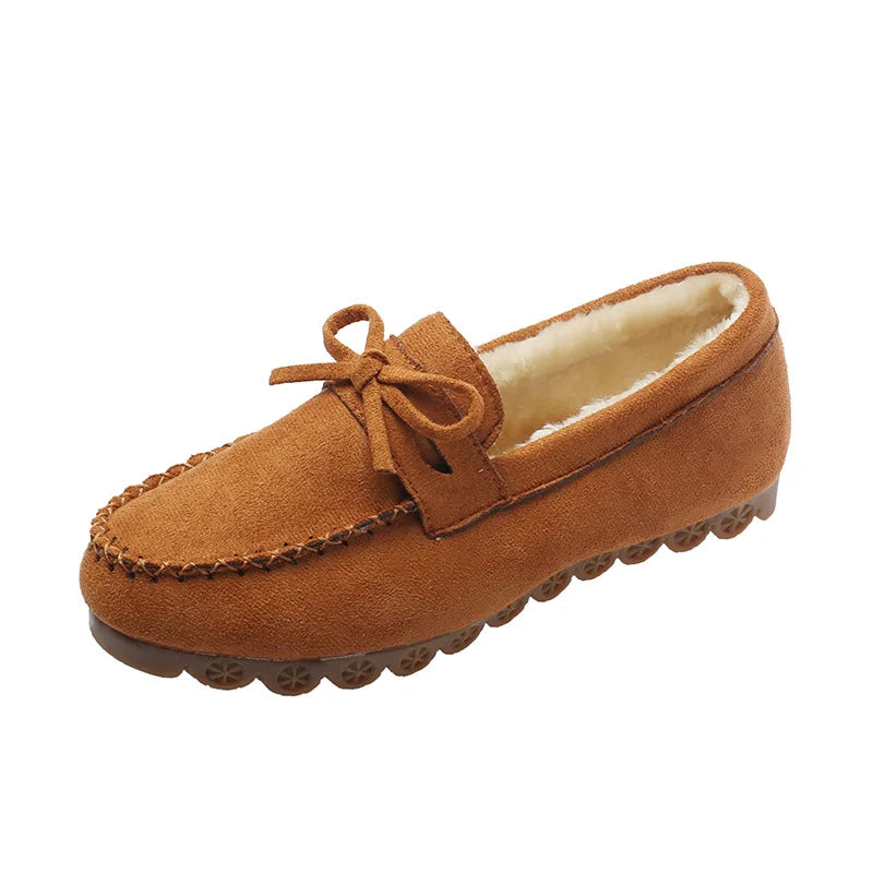 Winter Shoes Women Casual Flat Shoes Women's Moccasins Soft Loafers Classic Warm Plush Bow Slip on Female Cotton Shoes WSH5195