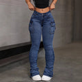 Women's High Waisted Elastic Casual Leg Stack Jeans Sexy Hip Lifting Street Style Multi Pocket Workwear Jeans