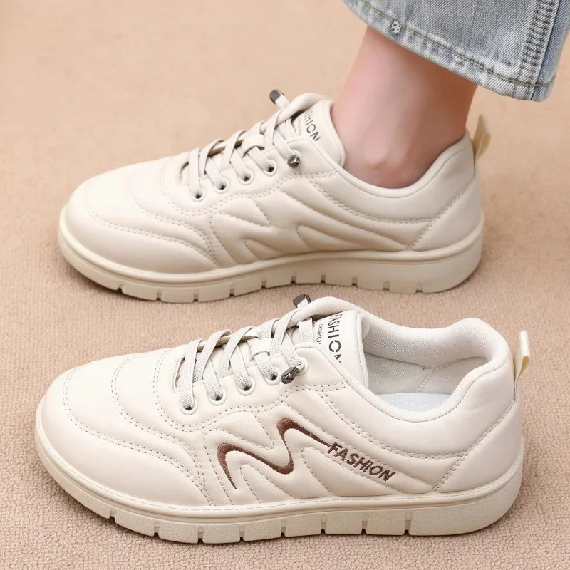 Autumn Women Soft PU Leather Sneakers Embroidery Lazy No Tie Board Shoes Lightweight Non Slip Platform Casual Daily Walking