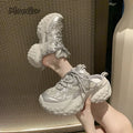 Women's White Chunky Sneakers Slip on Thick Sole Platform Casual Mule Slippers Cover Toe Shoes Lace-up Fashion Zapatillas Mujer