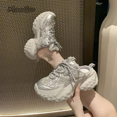 Women's White Chunky Sneakers Slip on Thick Sole Platform Casual Mule Slippers Cover Toe Shoes Lace-up Fashion Zapatillas Mujer