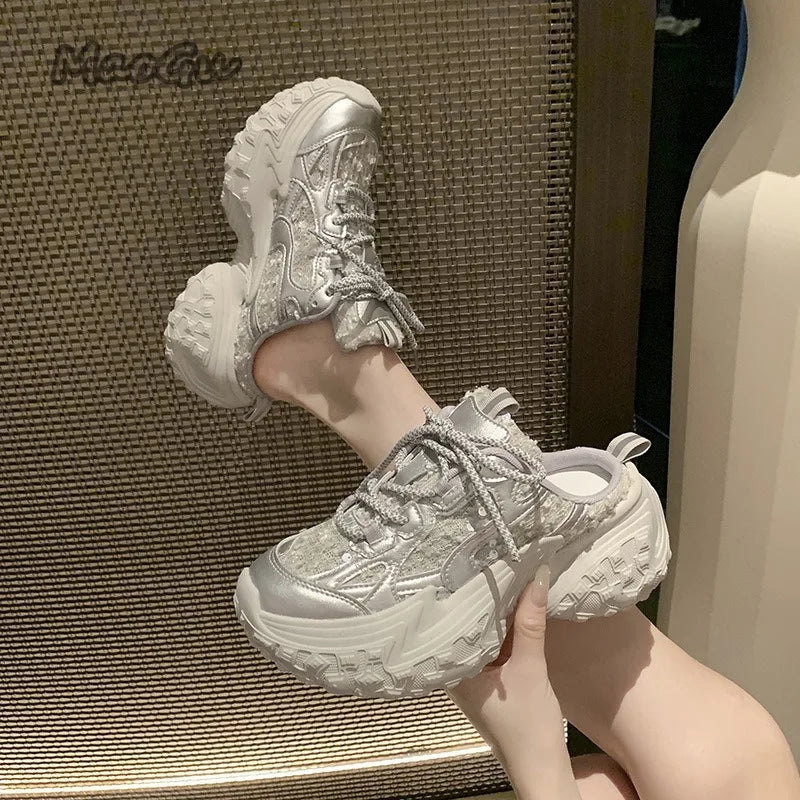 Women's White Chunky Sneakers Slip on Thick Sole Platform Casual Mule Slippers Cover Toe Shoes Lace-up Fashion Zapatillas Mujer