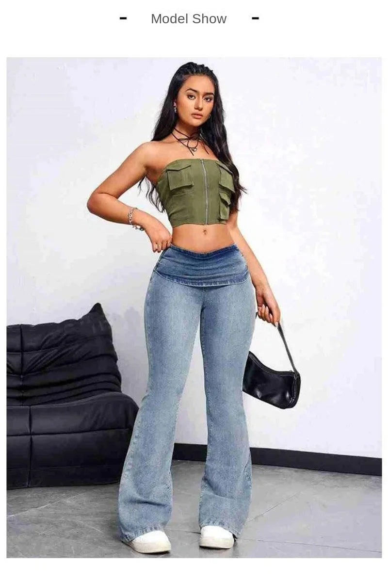 Y2k Jeans For Woman Vintage Denim Trousers High Waist Flared Stretch Fabric Slim Fit Booty Lifting Tummy Control Pants