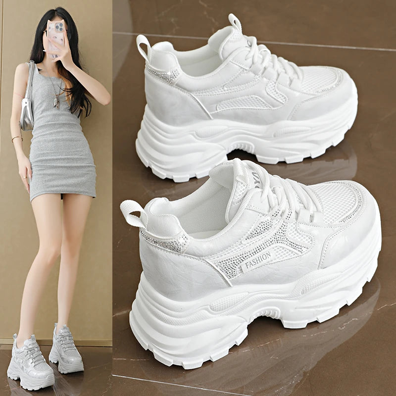 White Platform Women's Sneakers 2026 Spring Lace-Up Thick Bottom Vulcanize Shoes Woman Pu Leather Breathable Sports Shoes Ladies