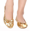 Stylish Bowknot Belly Dancing Shoes Golden Leather Indian Dance Shoes Roll Up Soft Foldable Ballet Flats Girls