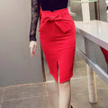 New Fashion Women Pencil Skirt Knee Length High Waist Elegant Open Slit Bow Skirt Size S-5XL