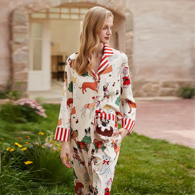 Christmas Dogs Print Women's Pajamas Set Silk Like Thin Two Pieces Long Sleeve Full Length Trousers Sleepwear Lounge 39927
