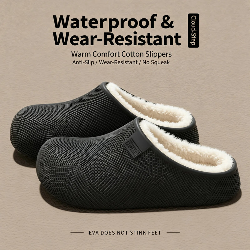 Winter Warm Fleece Slippers for Women Men Waterproof Outdoor Wear Thick Sole House Shoes Indoor Non-Slip Casual Clogs