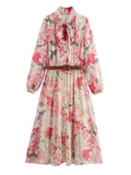 ZOCI Elegant Womens Floral Print Long Dress Bow Neck Long Sleeve Waist Belt Casual Weekend Party Summer Beach Vacation Dress