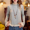 Women Blouse Top Women Ruffle Mock Neck Long Sleeve Top Lace Patchwork Cropped Casual Blouse