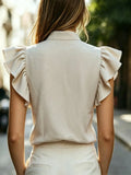 Women Stand Collar V Neck Ruffle Sleeveless Blouse Solid Color Office Shirt Tops