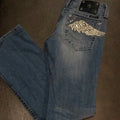 Gothic Womens Jeans Y2K Clothes Fashion Wings Rhinestone Sparkle Washed Blue Baggy Jeans Fashionable Mid Rise Slim Trousers