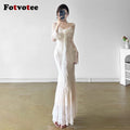 FOTVOTEE Chic French Style Lace Dresses Women See Through Long Sleeve Floral Decoration Maxi Dress Temperament Sexy Party Dress