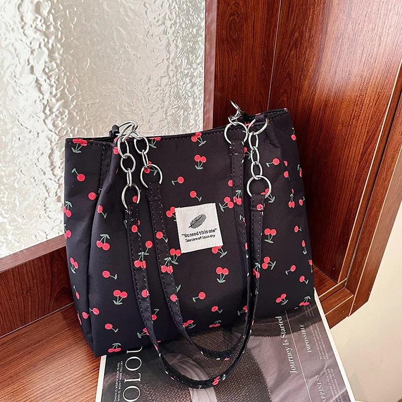 Casual Large Capacity Tote Bag Zipper Lightweight Shoulder Bag Cherry-print Handbag Girls