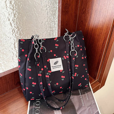 Casual Large Capacity Tote Bag Zipper Lightweight Shoulder Bag Cherry-print Handbag Girls