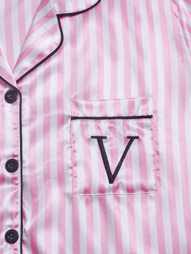Pajama Set Striped Embroidered Letter Pocket Short Sleeve and Shorts Pajama Set, Casual Satin Sleepwear with Lapel Collar and Button Detail