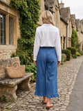 Plus Size Women's Blue Jeans, Elastic Waist with Drawstring, Flounce Hem, Loose Fit, Comfortable and Stylish Denim Jeans