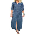 Women Pocketed Denim Shirt Dress Rollable Sleeve Open Front Maxi Tunic Dress