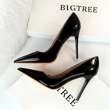 Women Patent Leather Shallow Mouth Simple Brand Pumps Red Shiny Bottom Pointed Toe Stiletto Sexy Wedding Party Shoes