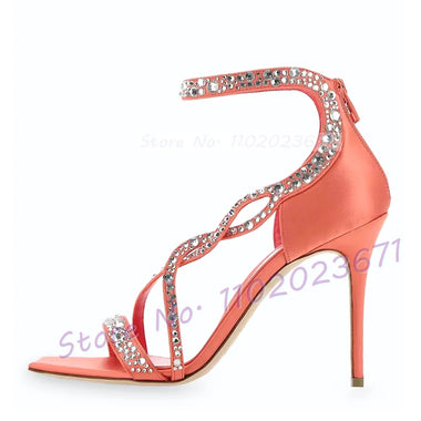 Women Sandals Summer Crystal Double Cross Strap Sandals Women Sweet Square Toe Pink High Heels Satin Shoes Summer Back-zip Bling Luxury Party Sandals