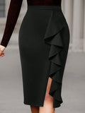 Women's High Waist Pencil Skirt Ruffle Split Midi Bodycon Slim Fit Medium Stretch Knit Elegant Office Party Knee Length Wrap Ski
