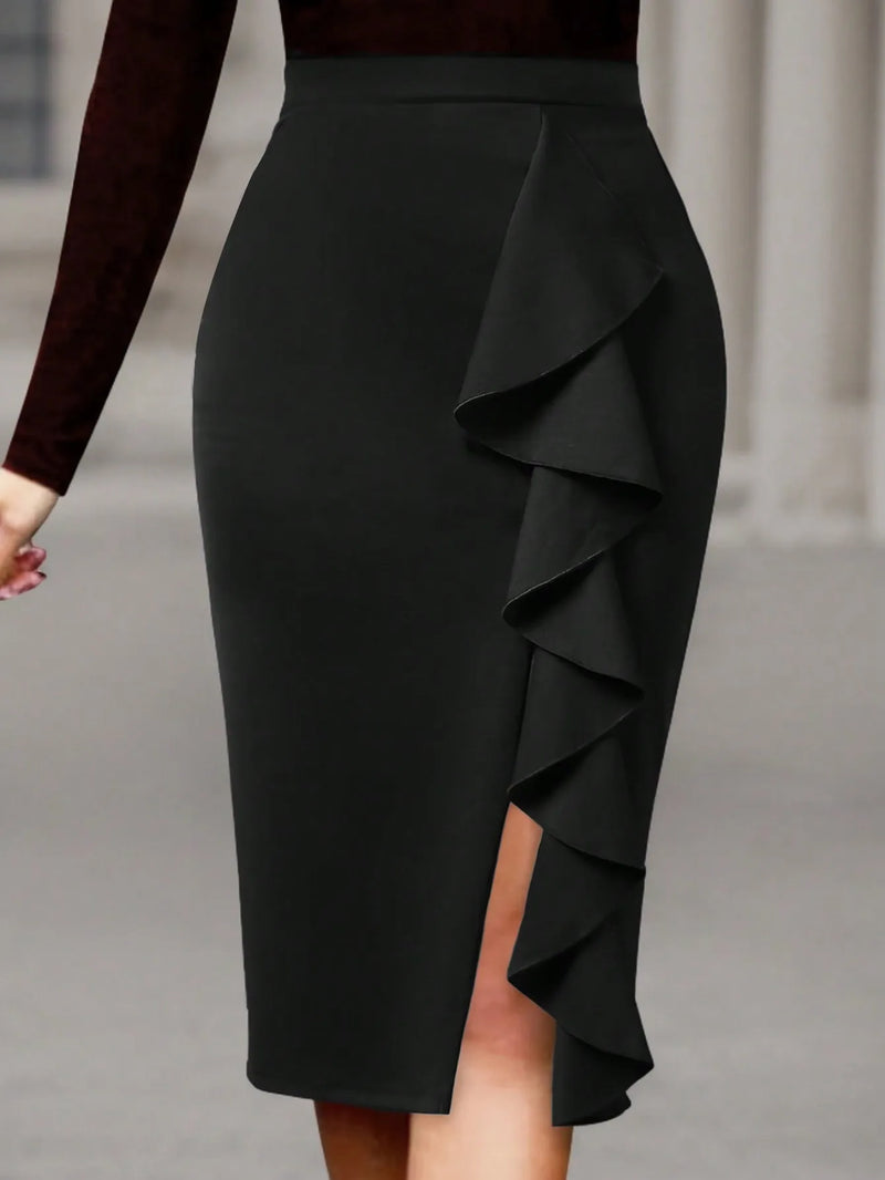 Women's High Waist Pencil Skirt Ruffle Split Midi Bodycon Slim Fit Medium Stretch Knit Elegant Office Party Knee Length Wrap Ski