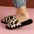 Fashion Leopard Print Fur Slippers for Women Open Toe Soft Sole Furry House Shoes Woman Winter Warm Comfort Indoor Home Slippers
