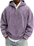 Hoodie Sweatshirt Men's American Retro Suede Half Zipper Hoodie Oversized Solid Hooded Sweatshirt Autumn Winter Casual Pullover With Kangaroo Pkt