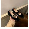 2025 Luxury Shoes Mary Jeans Woman Velvet Med-High Heels&Flats Heeled Loafers Crystal Leather Belt Strap Ballets Femme Chaussure