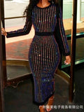 2024 Sequin Round Neck Women Dress Striped Solid Splice Party Tight High Waist Casual Sexy Hip Wrap Long Sheath Dresses