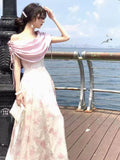 2026 Summer Elegant Pink Floral Print Off Shoulder Maxi Dress Satin Draped A Line Long Dress For Women Party Evening Bridesmaid