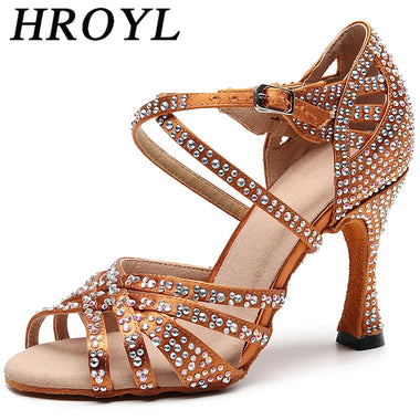 Women Shoes Latin Dance HROYL Ballroom Latin Dance Shoes Ladies Girls New Silk Satin Shiny Rhinestone Cuban High Heels Party Salsa Dance Shoes Women