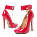 Fashion Women's Shoes 15CM Thin Heels Round Toe Unisex Party Tube Dance Locked Padlocks Punk Red Pumps Free Shipping Stilettos