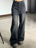 Korean Vintage High Waist Women's Jeans Y2K Slimming Pear-Shaped Loose Straight Bell Bottoms Black Gray Baggy Denim Trousers