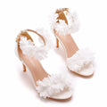 8cm Luxury Women High Heeled Sandals White Flower Shallow Mouth Fine Heel Fish Mouth High Quality Wedding Shoes Zaptos Mujer