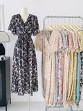 2026 New Summer Dress Women Elegant Short Sleeve V Neck Floral Print Chiffon Maxi Dress Boho High Waist Beach Long Dress