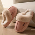 Winter Warm House Slippers Women Soft Faux Fur Collar Plush Lining Thick Non-Slip Sole Indoor Bedroom Home Couple Shoes
