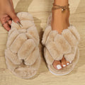 Fashion Cross Strap Fluffy Slippers Women Winter Home Open toed Plush Fur Slippers Woman Flat Heel Keep Warm Cotton Slides Shoes