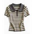 Striped Knit Blouse Quarter Button Short Sleeve Peter-Pan Collared Shirt Tops Women Summer Tops Sporty Wear Tennis Core