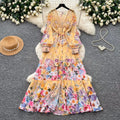 Women's Deep V-Neck Bohemian Dress Long Sleeve Floral Print Ruffle Hem Casual Spring Summer Runway Style Sweet Cascading Dress